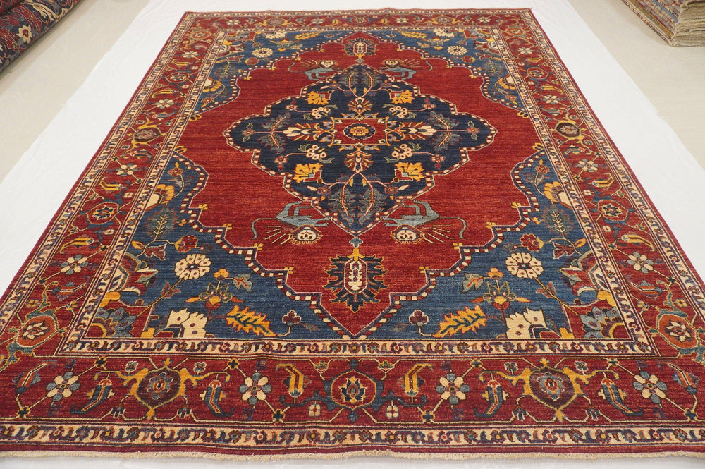 8x10 Qashqai Lion Red Blue Persian style Hand Knotted Wool Area Rug - Yildiz Rugs