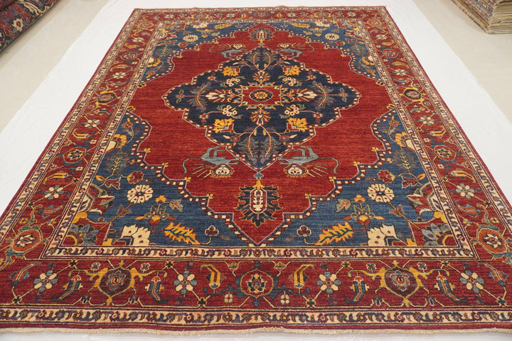 8x10 Qashqai Lion Red Blue Persian style Hand Knotted Wool Area Rug - Yildiz Rugs