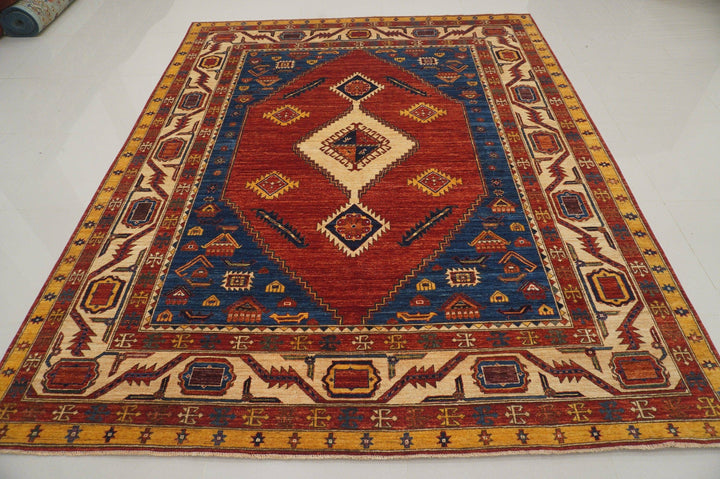 8x10 Serapi Red Blue Afghan Hand knotted Wool Oriental Rug - Yildiz Rugs