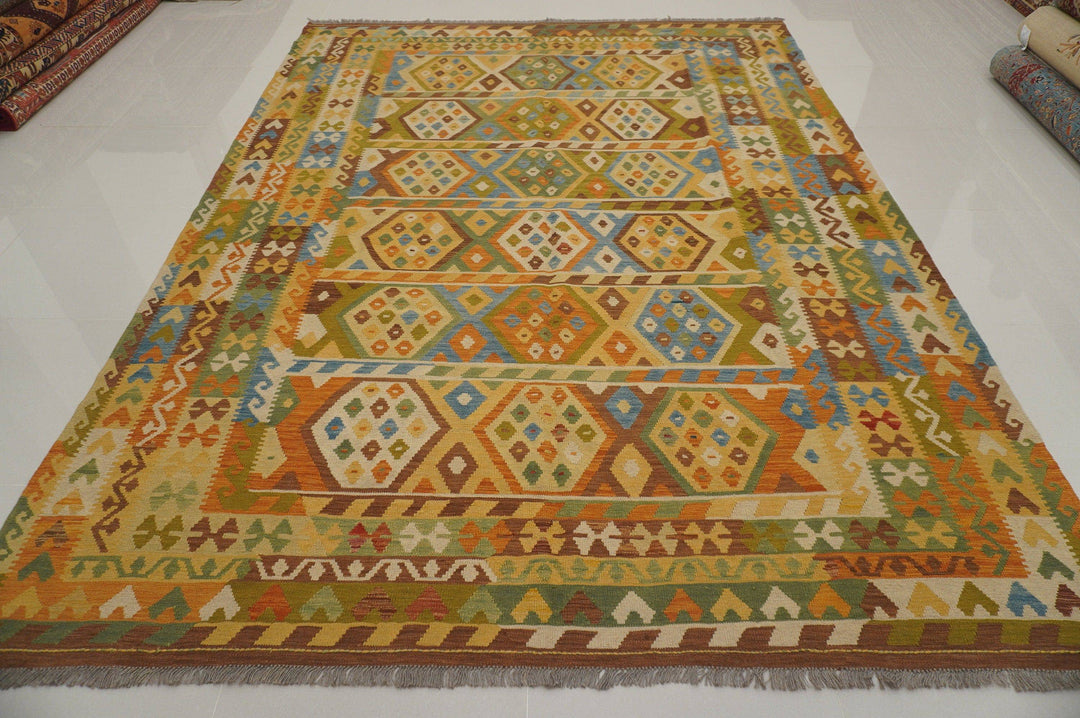 8x11 Afghan Beige Handmade Large Kilim Area Rug - Yildiz Rugs