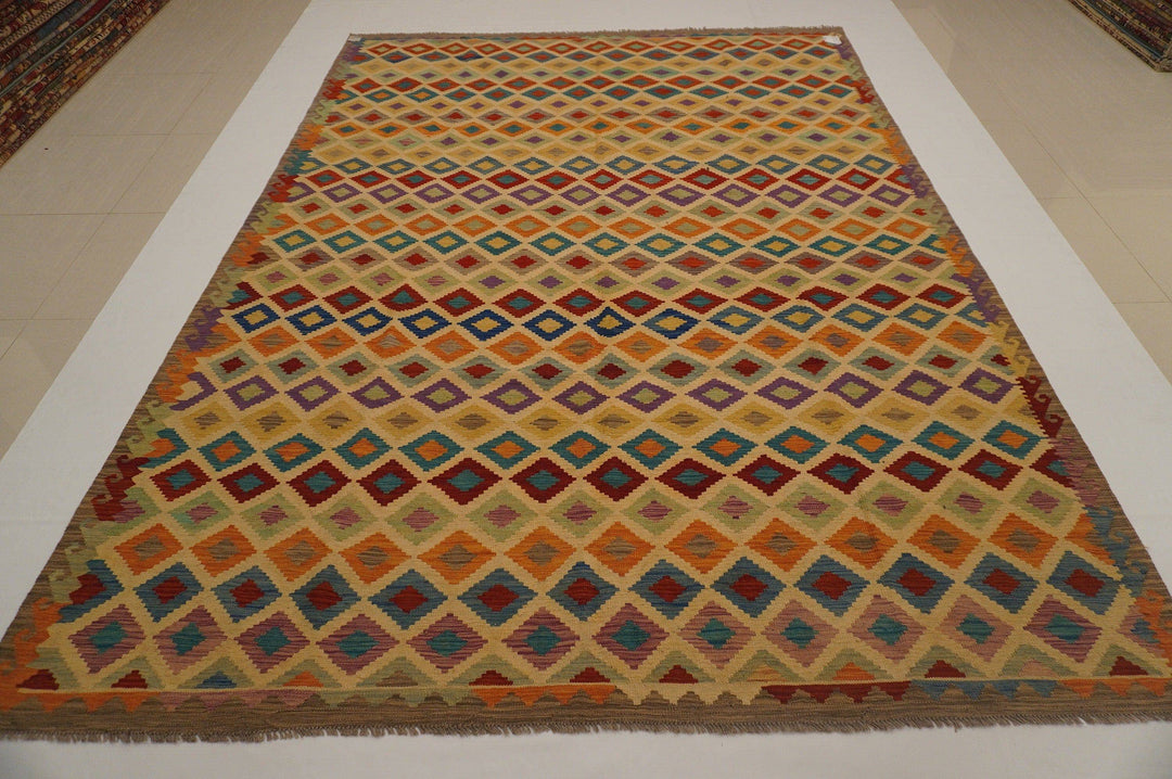 8x11 Beige Afghan Handmade Large Kilim Area Rug - Yildiz Rugs