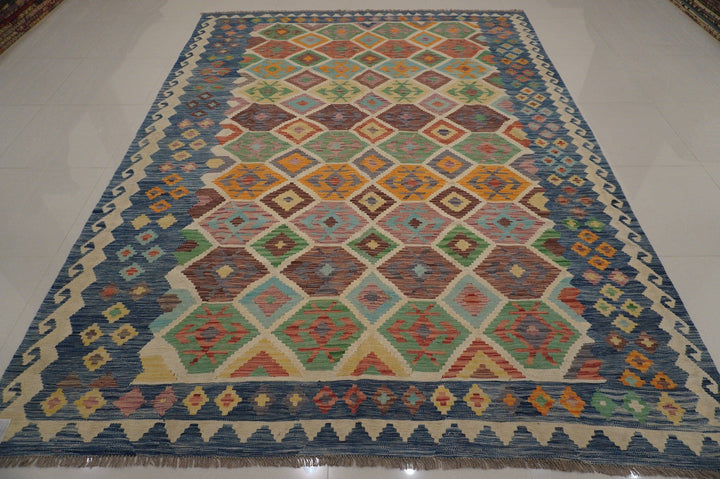 8x11 Beige Blue Afghan Handmade Kilim Area Rug - Yildiz Rugs