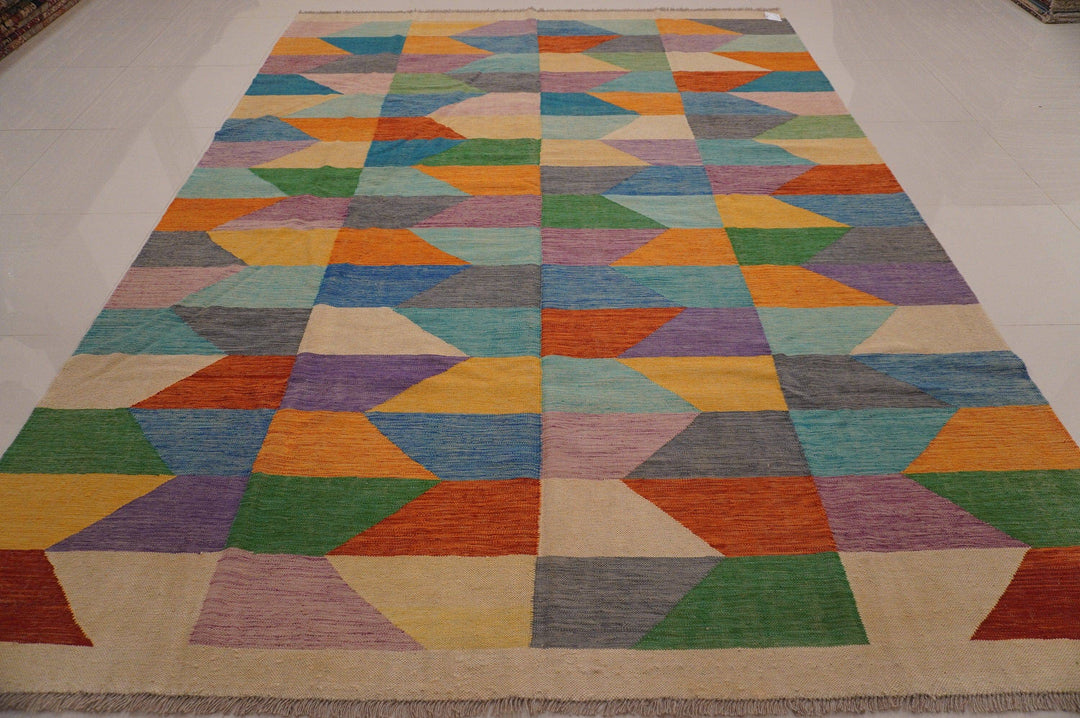 8x11 Multicolor Handmade Modern Abstract Afghan Kilim Area Rug - Yildiz Rugs