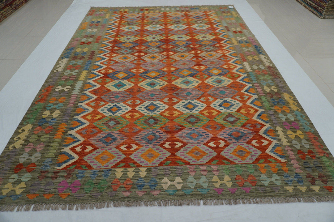 8x11 Orange Sage Green Afghan Handmade Kilim Area Rug - Yildiz Rugs