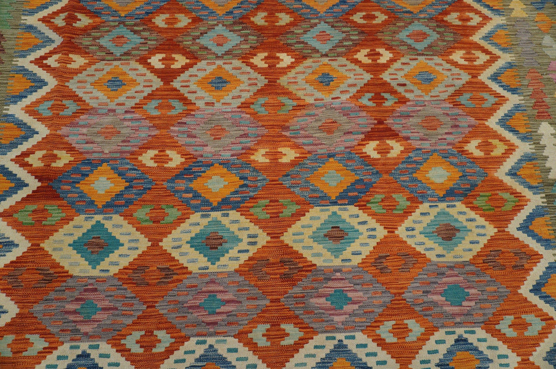 8x11 Orange Sage Green Afghan Handmade Kilim Area Rug - Yildiz Rugs