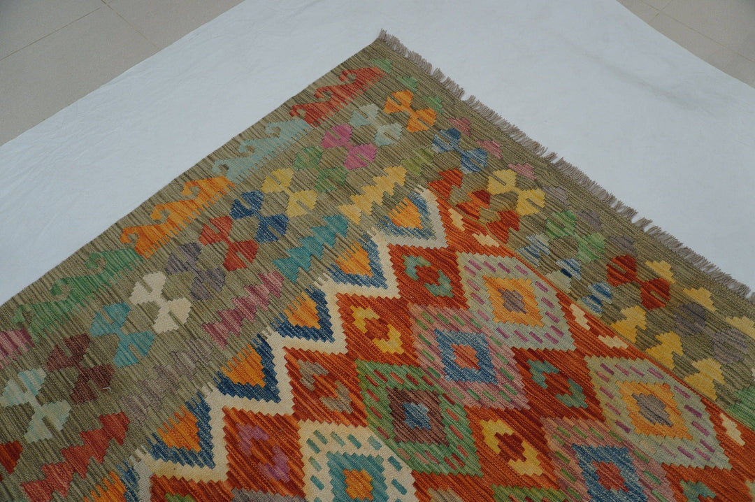 8x11 Orange Sage Green Afghan Handmade Kilim Area Rug - Yildiz Rugs