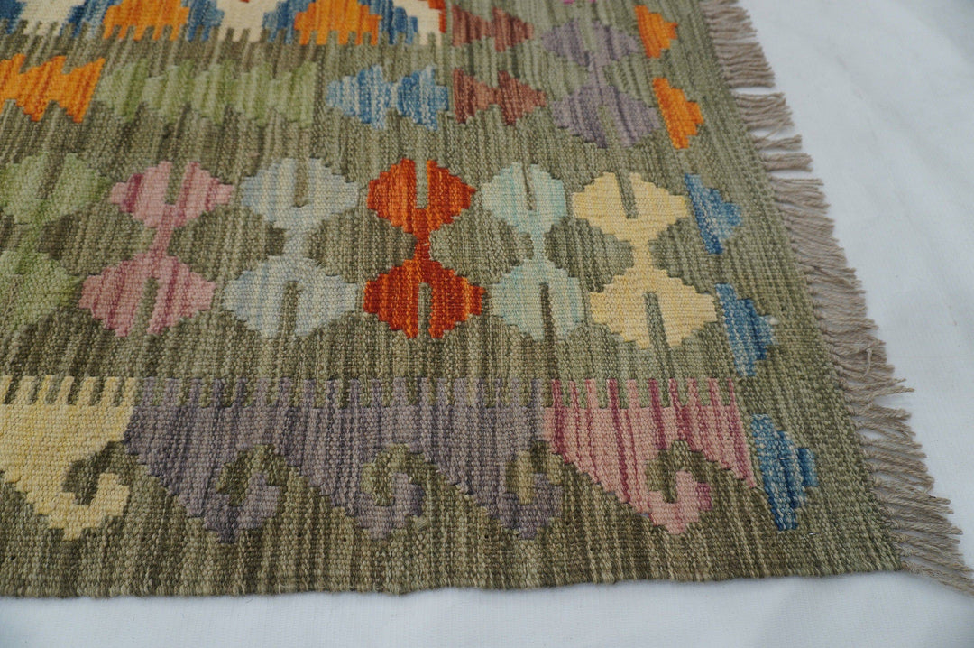 8x11 Orange Sage Green Afghan Handmade Kilim Area Rug - Yildiz Rugs