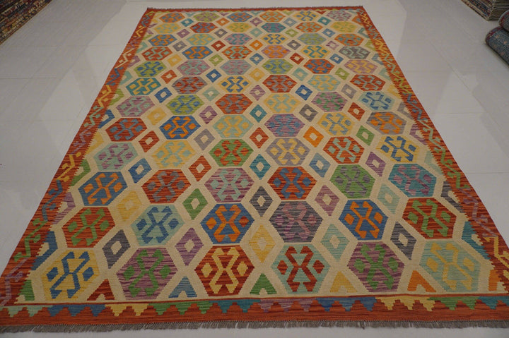 8x12 Beige Afghan Handmade Large Kilim Area Rug - Yildiz Rugs