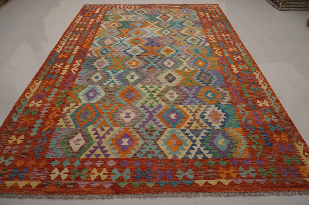 8x12 Red Blue Handmade Afghan Kilim Area Rug - Yildiz Rugs