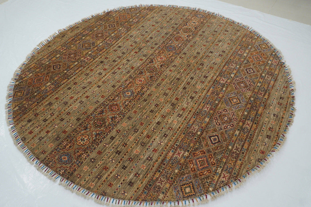 8x8 Afghan Undyed Gray Nomadic Gabbeh Hand knotted Wool Circle Rug - Yildiz Rugs