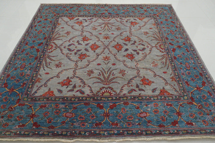 8x8 Square Gray Blue Super Fine Quality Persian Handmade Rug - Yildiz Rugs