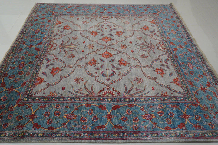 8x8 Square Gray Blue Super Fine Quality Persian Handmade Rug - Yildiz Rugs