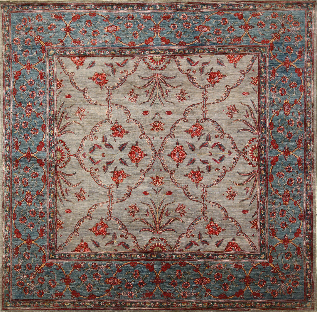 8x8 Square Gray Blue Super Fine Quality Persian Handmade Rug - Yildiz Rugs