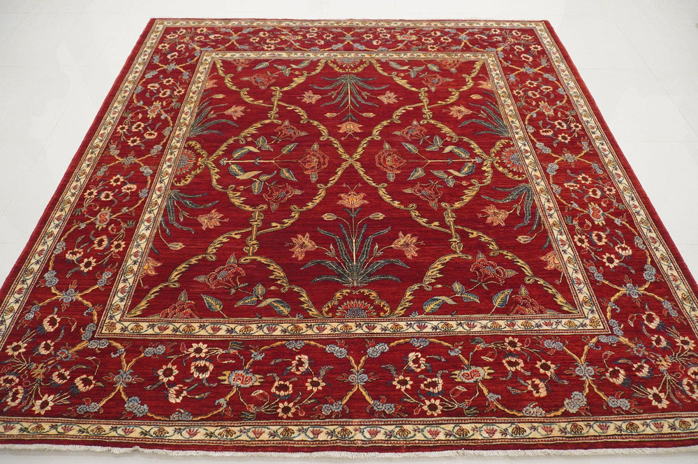 8x8 Square Red Super Fine Quality Persian Handmade Rug - Yildiz Rugs