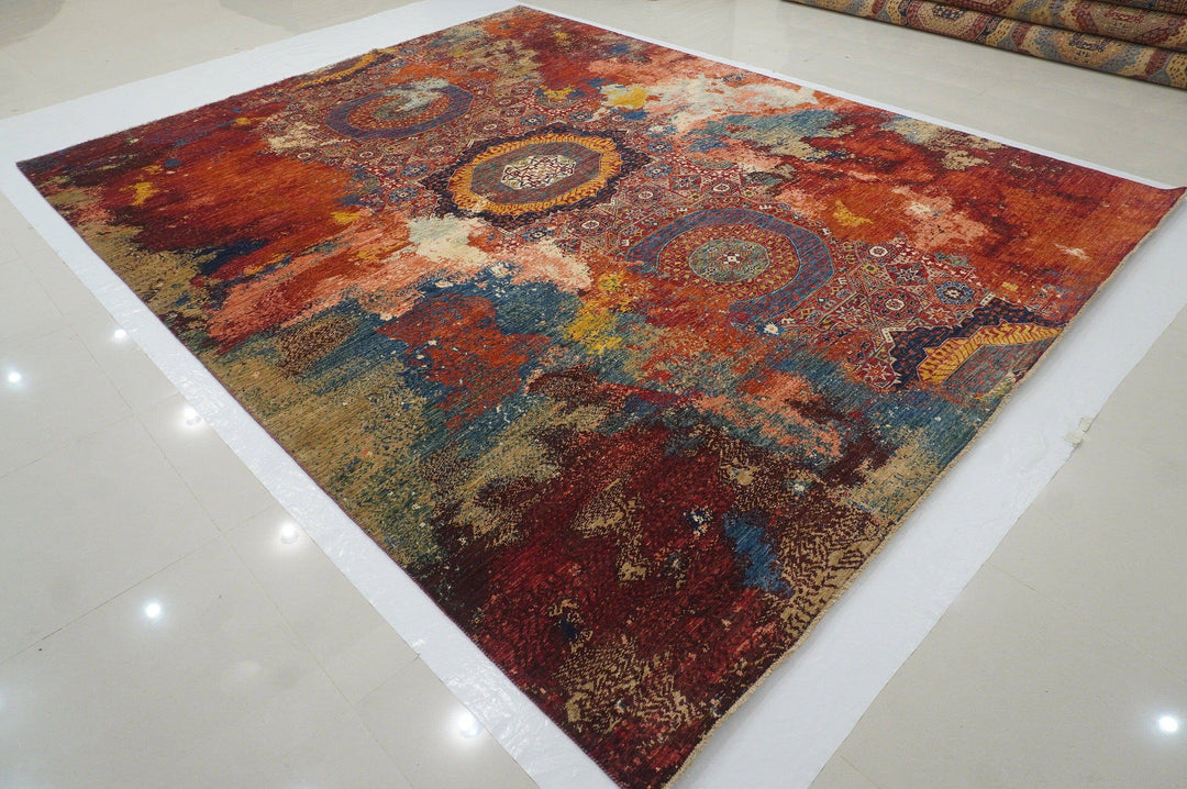 9'11x12'7 Modern Mamluk Red Turkish Hand knotted Abstract Area Rug - Yildiz Rugs