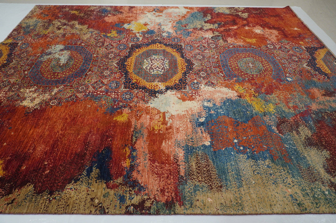 9'11x12'7 Modern Mamluk Red Turkish Hand knotted Abstract Area Rug - Yildiz Rugs