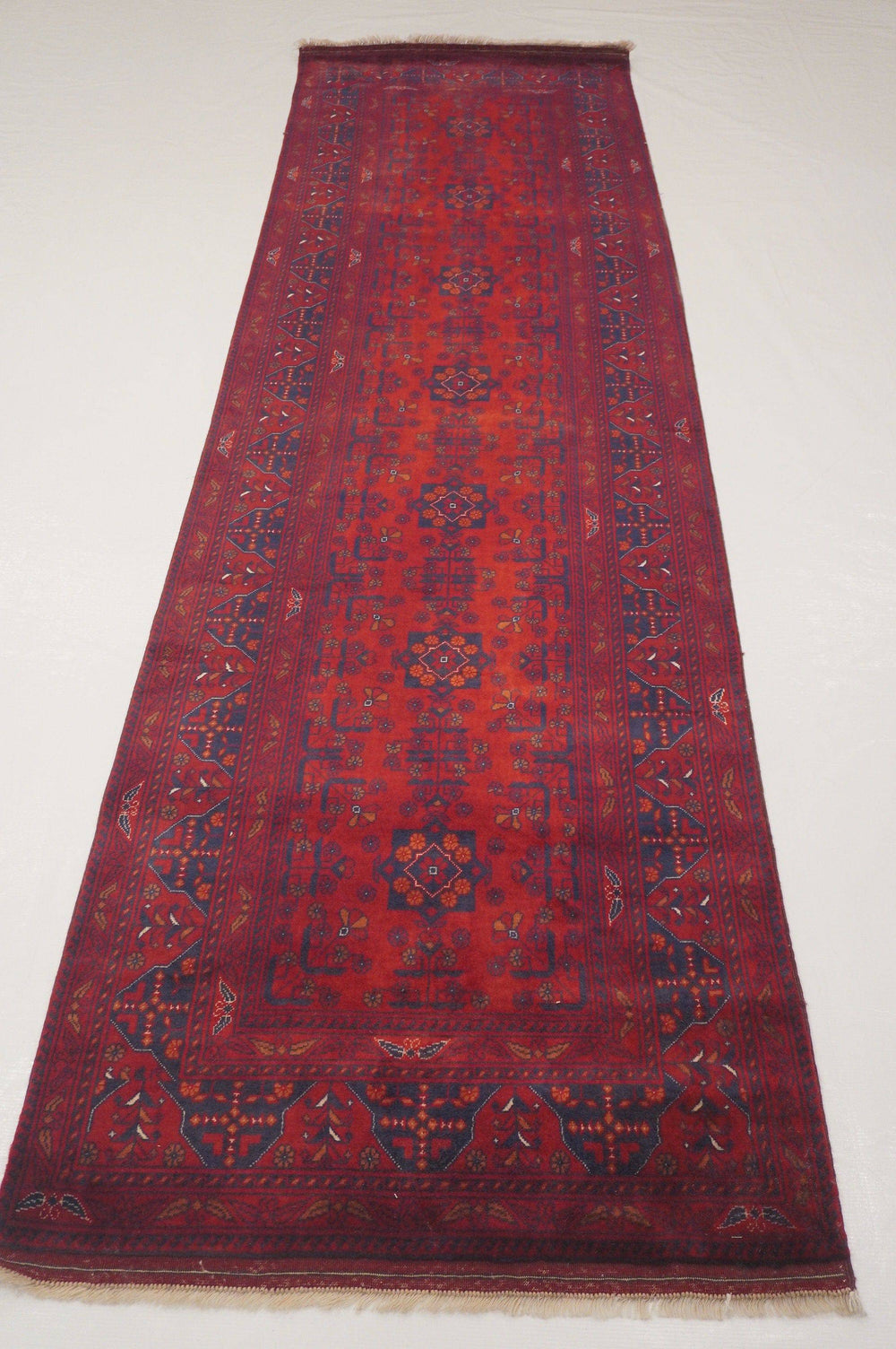 9 ft Red Vintage Kunduz Afghan Hand knotted Wool Runner Rug - Yildiz Rugs