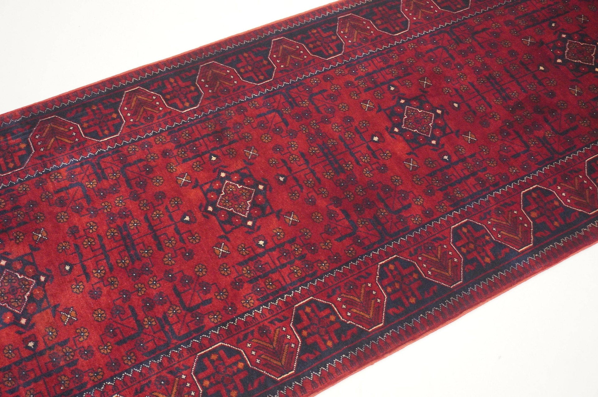 9 ft Vintage Red Afghan Handmade Wool Runner rug - Yildiz Rugs