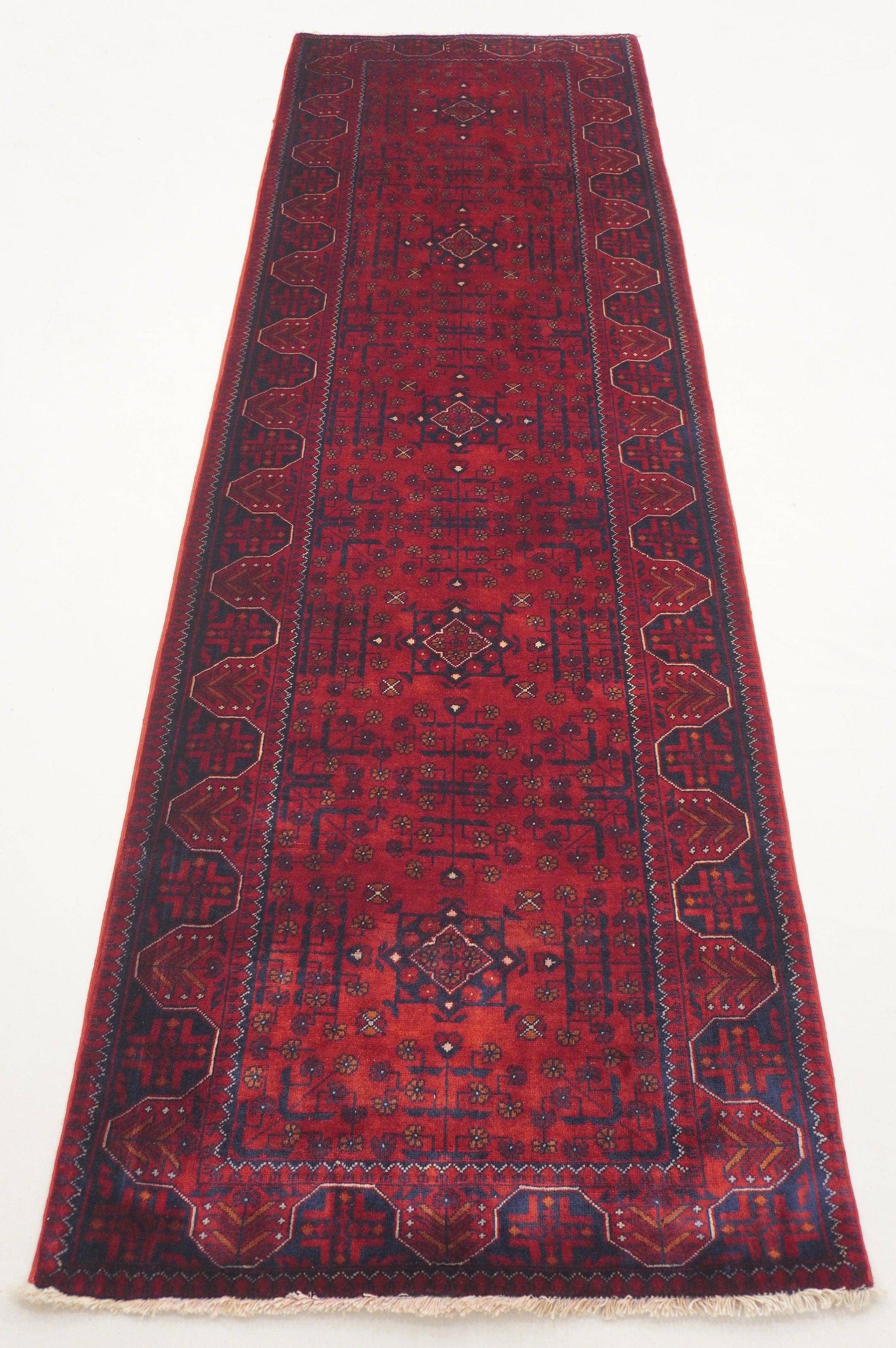 9 ft Vintage Red Afghan Handmade Wool Runner rug - Yildiz Rugs