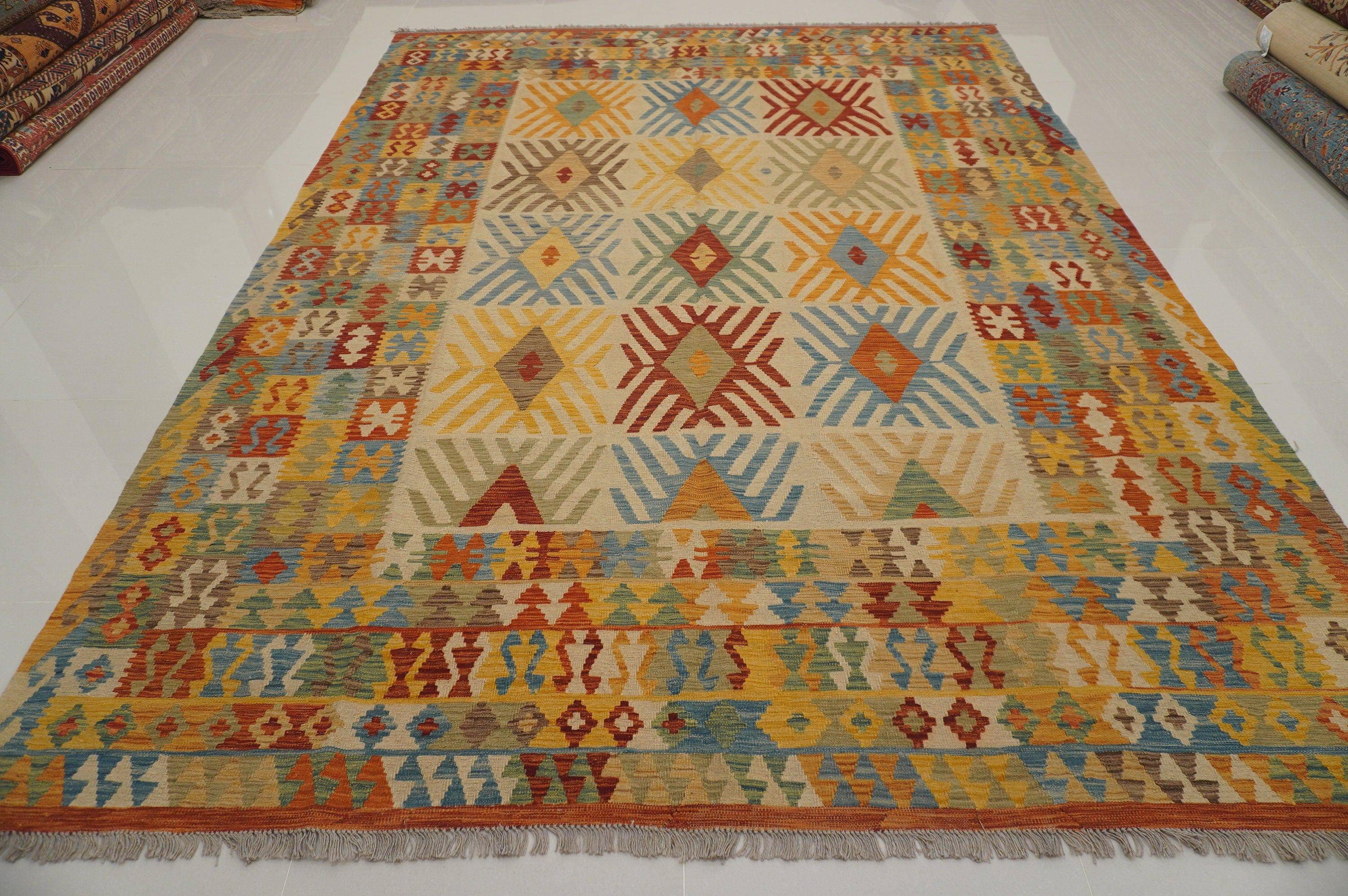 9x12. Afghan Beige Handmade Large Kilim Area Rug - Yildiz Rugs