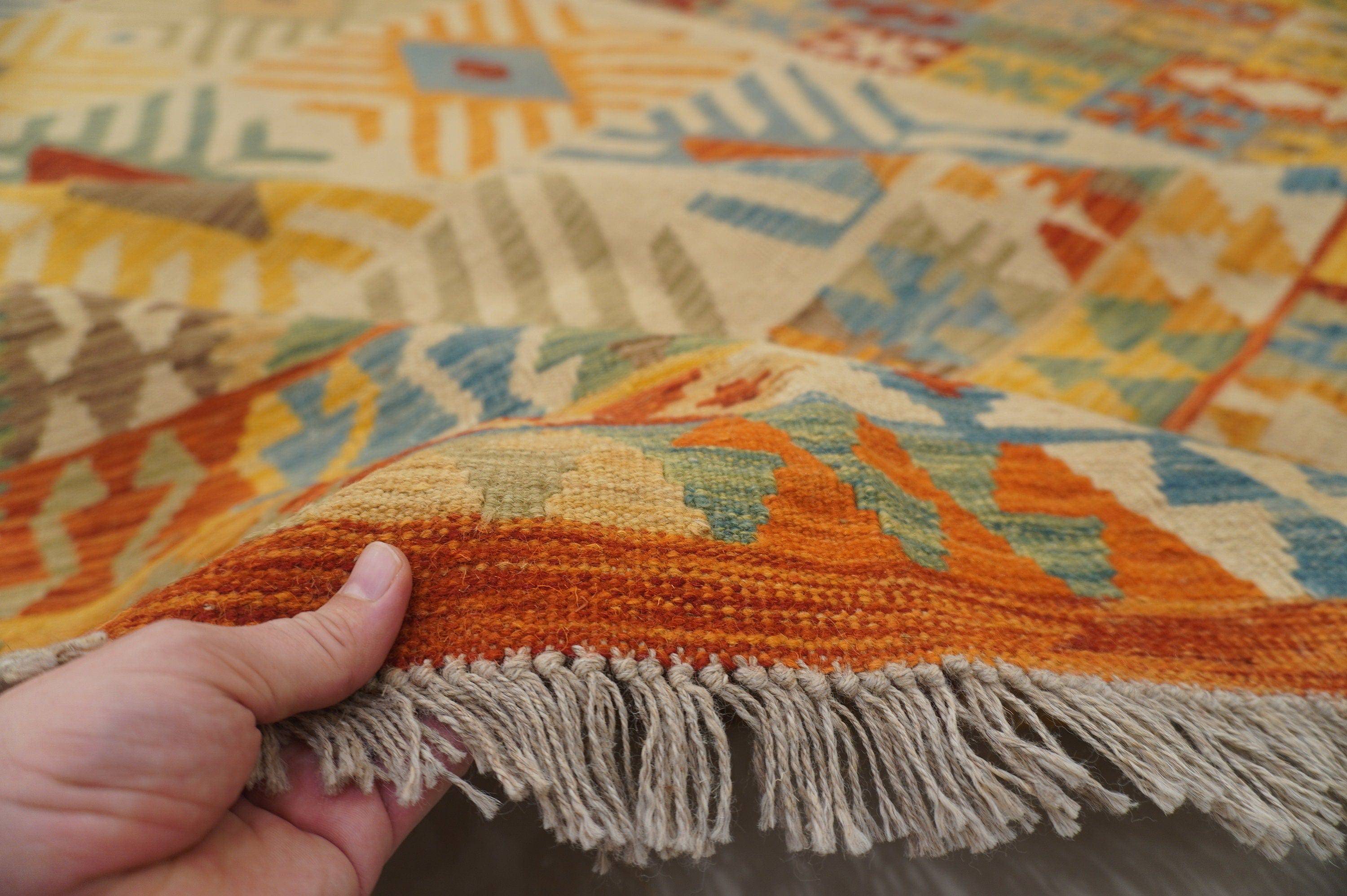 9x12. Afghan Beige Handmade Large Kilim Area Rug - Yildiz Rugs