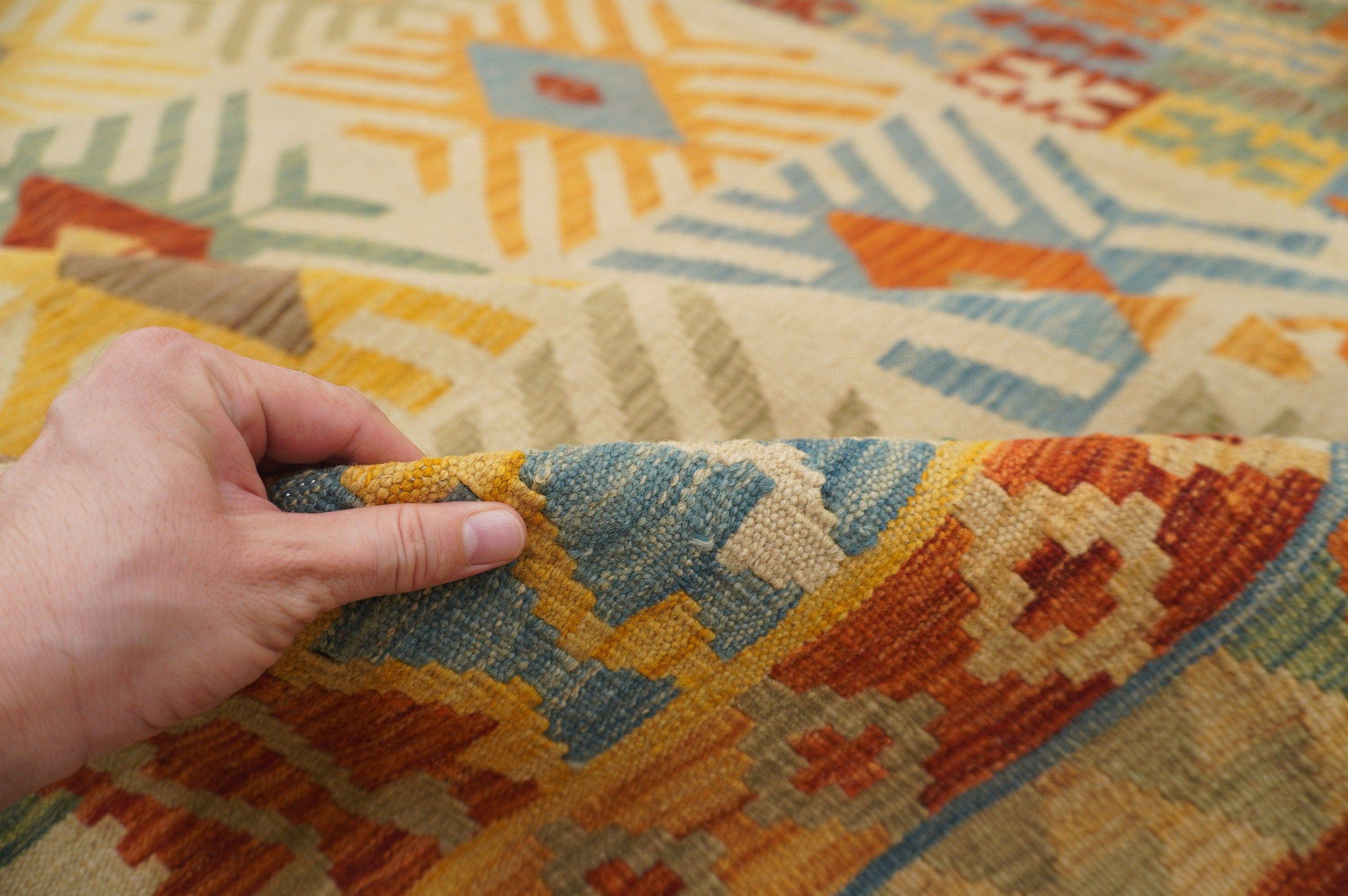 9x12. Afghan Beige Handmade Large Kilim Area Rug - Yildiz Rugs