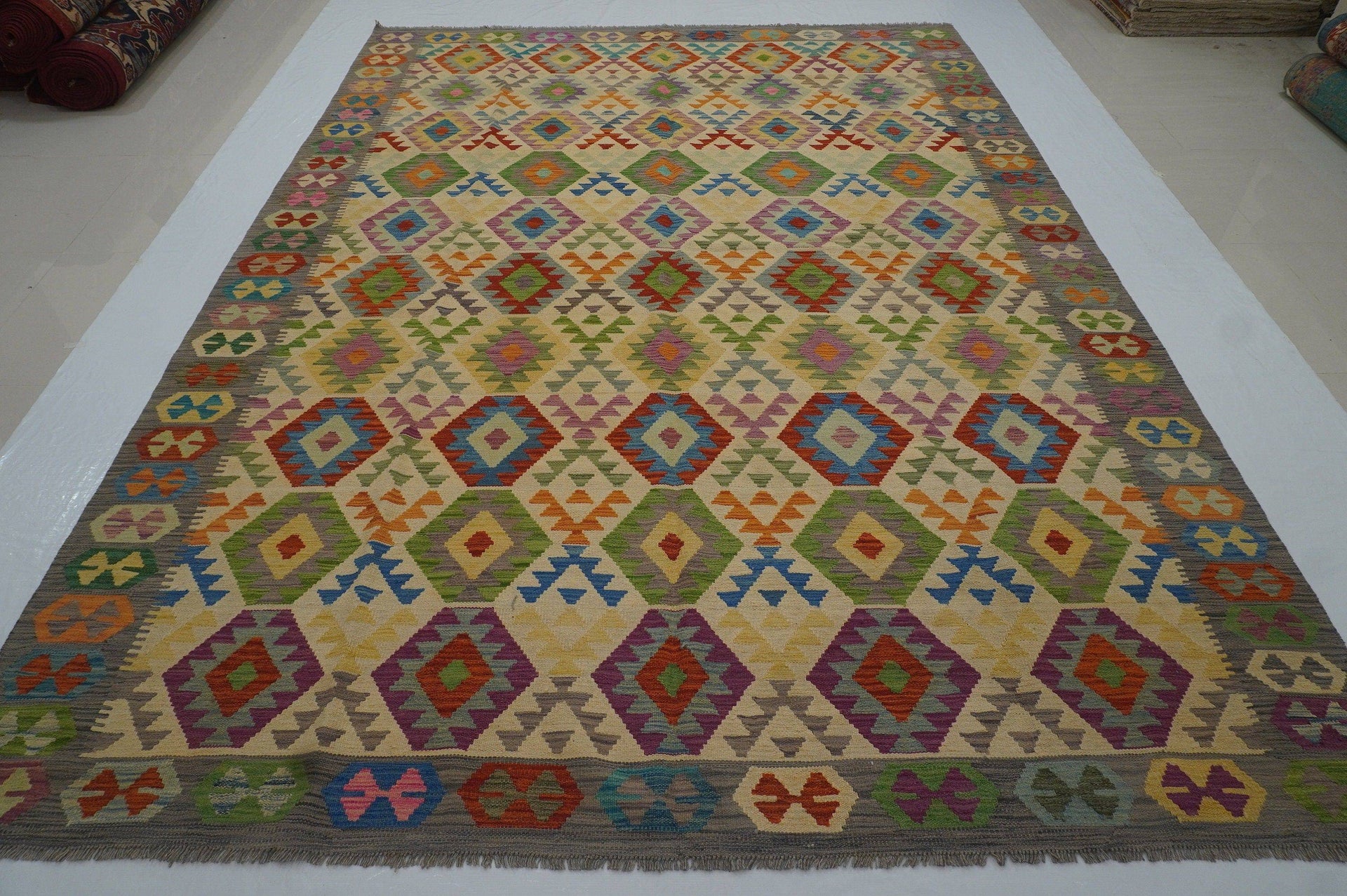 9x12 Beige Afghan Hand woven Flat weave Wool Large Kilim Area Rug - Yildiz Rugs