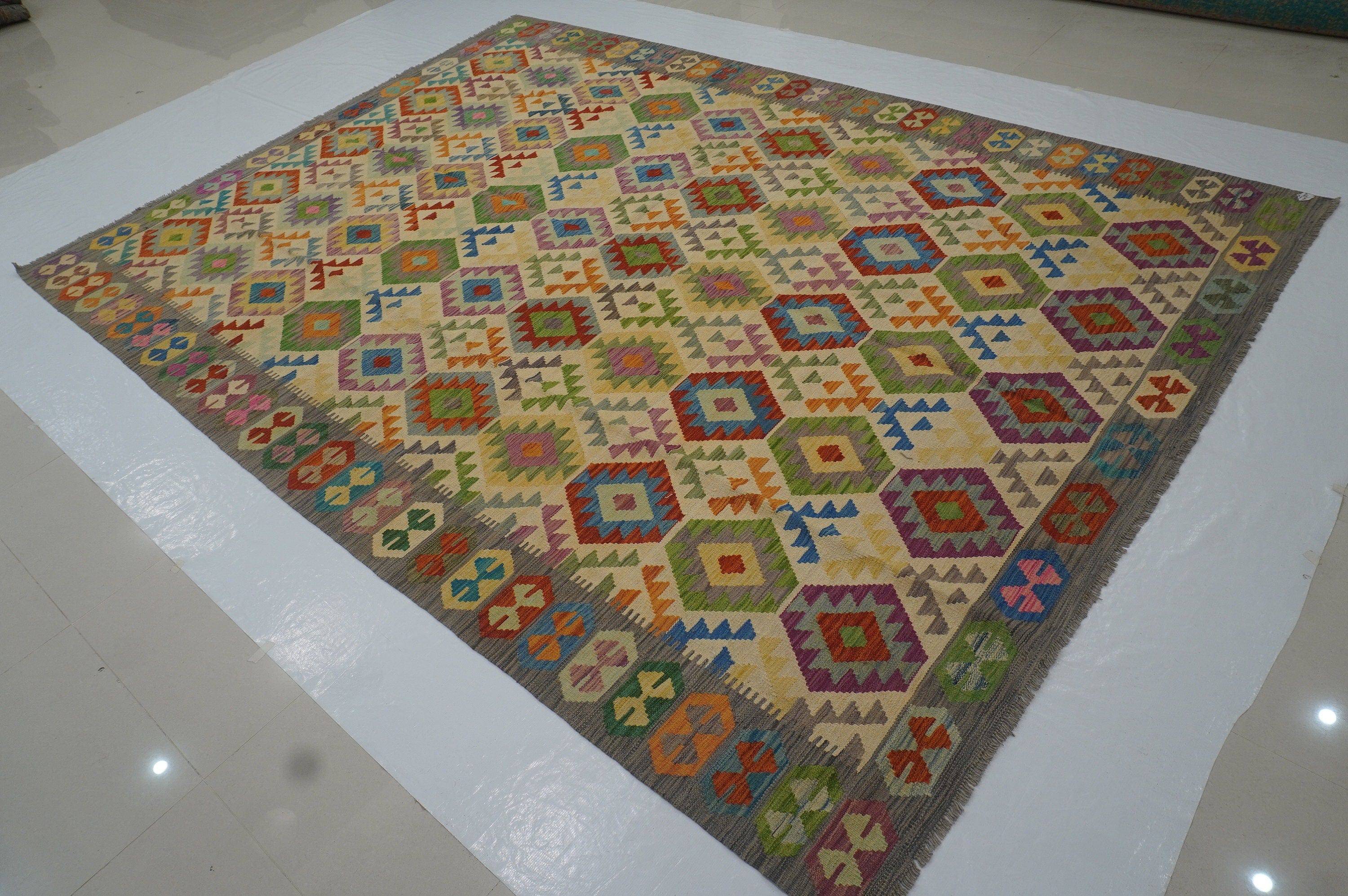 9x12 Beige Afghan Hand woven Flat weave Wool Large Kilim Area Rug - Yildiz Rugs