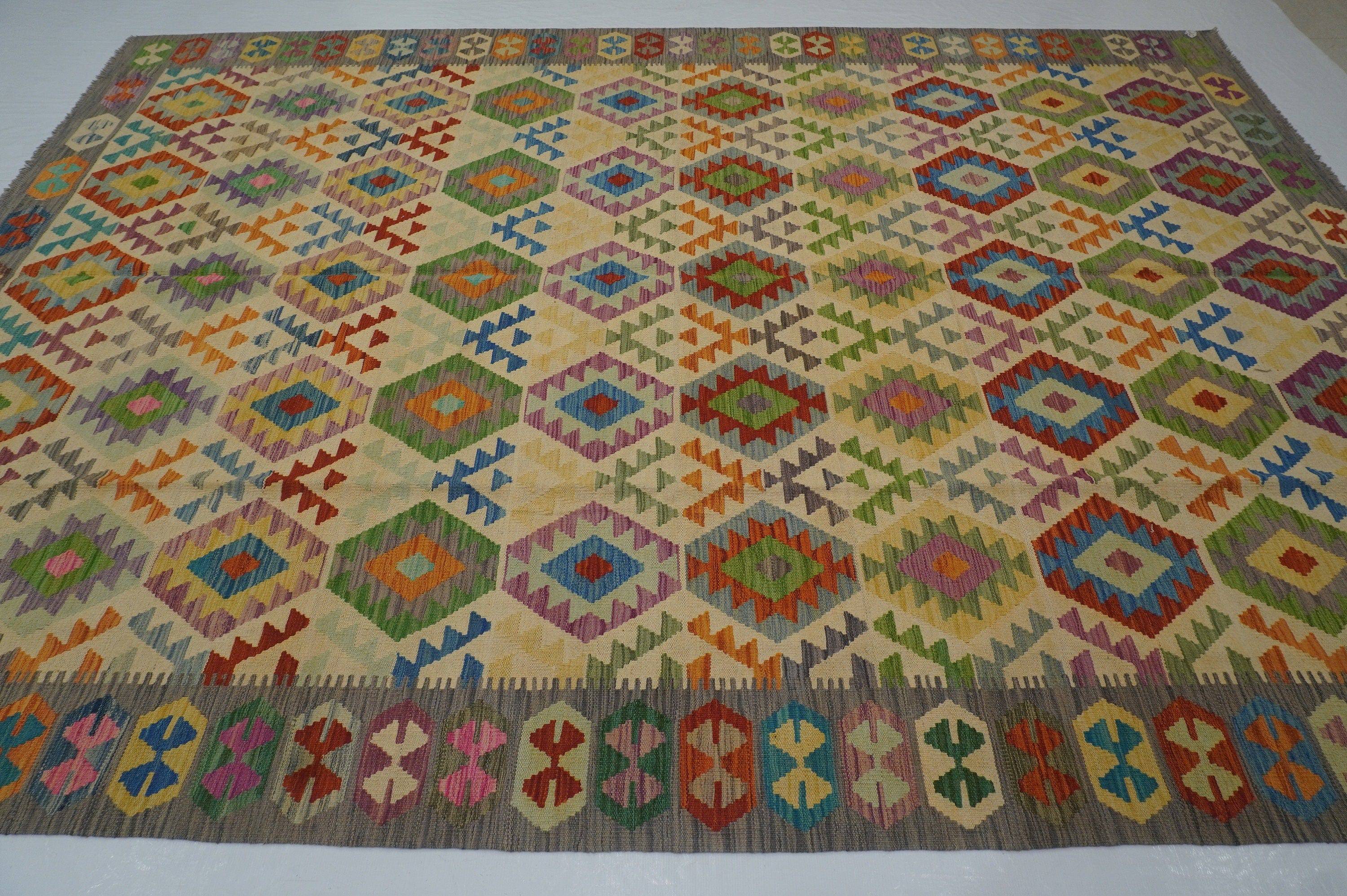 9x12 Beige Afghan Hand woven Flat weave Wool Large Kilim Area Rug - Yildiz Rugs