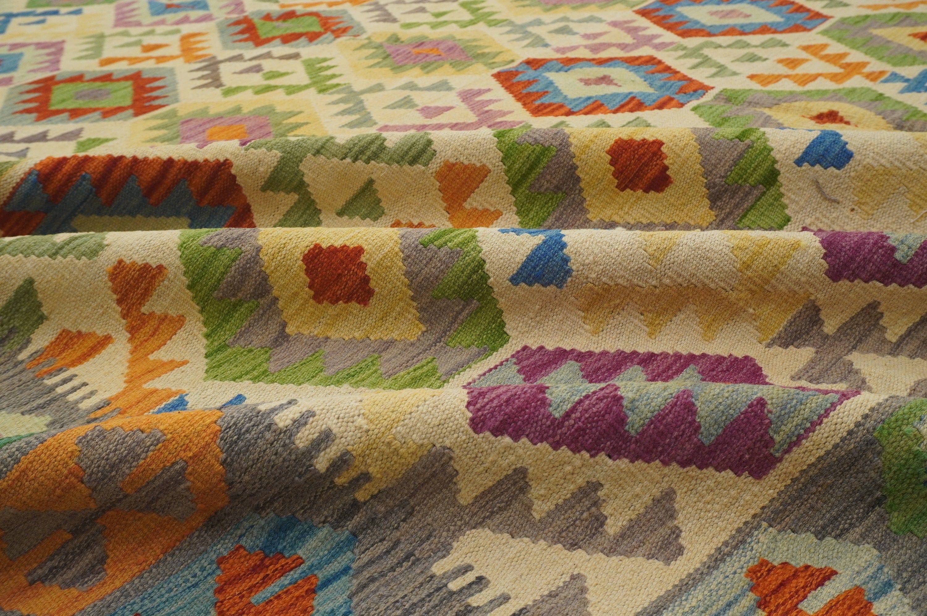 9x12 Beige Afghan Hand woven Flat weave Wool Large Kilim Area Rug - Yildiz Rugs