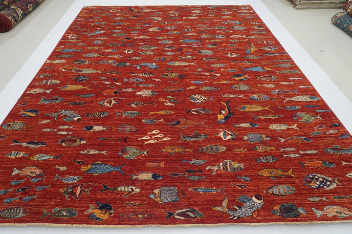 9x12 Fish Gabbeh Rusty Red Afghan Hand knotted wool Rug - Yildiz Rugs