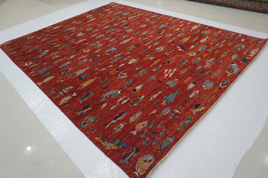 9x12 Fish Gabbeh Rusty Red Afghan Hand knotted wool Rug - Yildiz Rugs