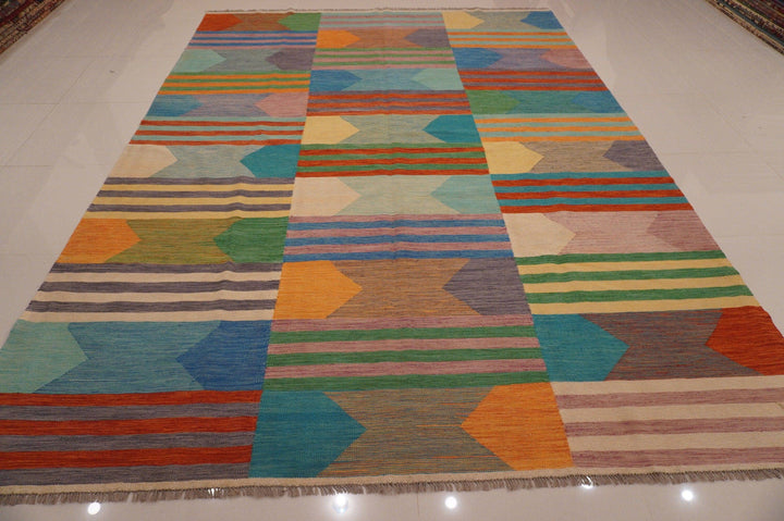 9x12 ft. Abstract Kilim Multicolor Afghan Veg dye Wool Modern Area Rug - Yildiz Rugs