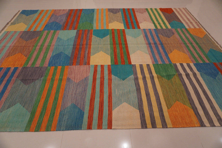 9x12 ft. Abstract Kilim Multicolor Afghan Veg dye Wool Modern Area Rug - Yildiz Rugs