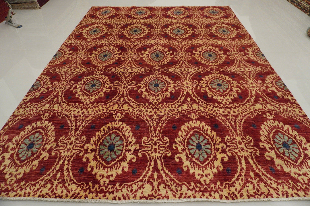 9x12 FT. Ikat Red Afghan Hand Knotted wool Area Rug - Yildiz Rugs