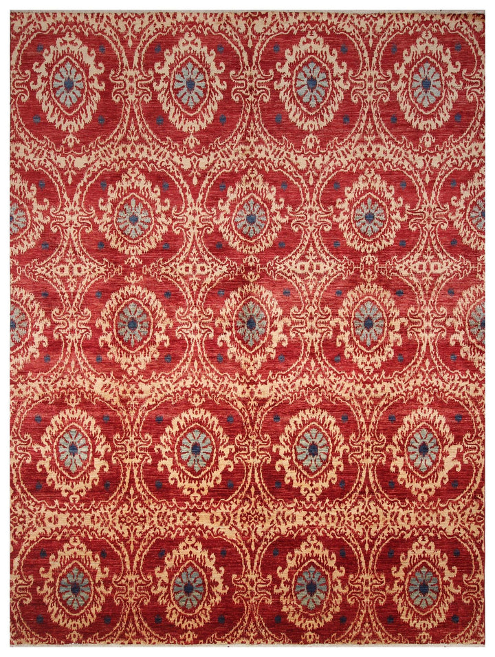 9x12 FT. Ikat Red Afghan Hand Knotted wool Area Rug - Yildiz Rugs