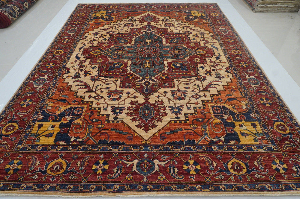 9x12 Heriz Red Beige Afghan Hand knotted Medallion Oriental Area Rug - Yildiz Rugs