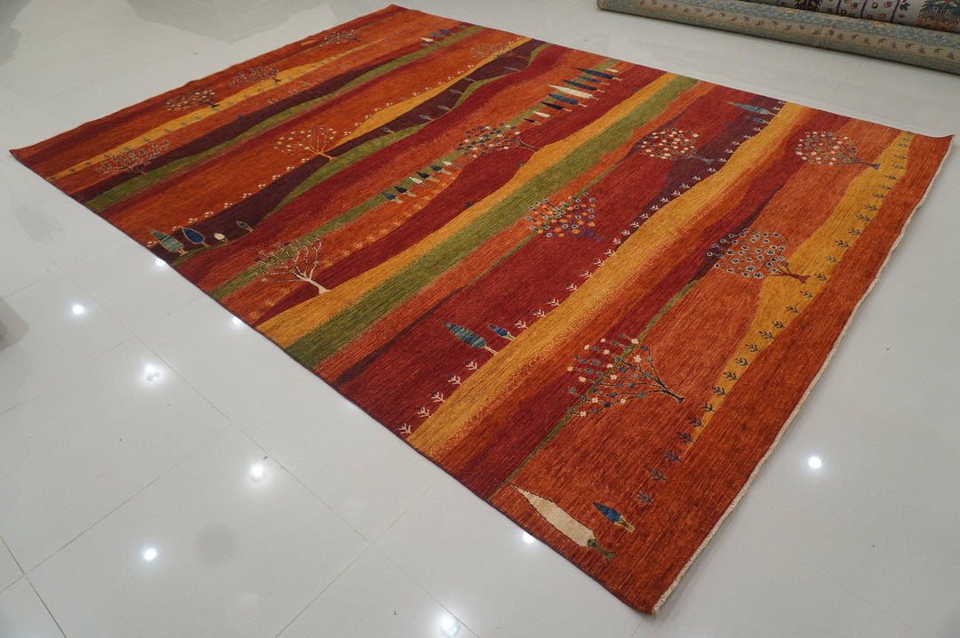 9x12 Landscape Gabbeh Rusty Red Orange Tribal Afghan Hand knotted Rug - Yildiz Rugs