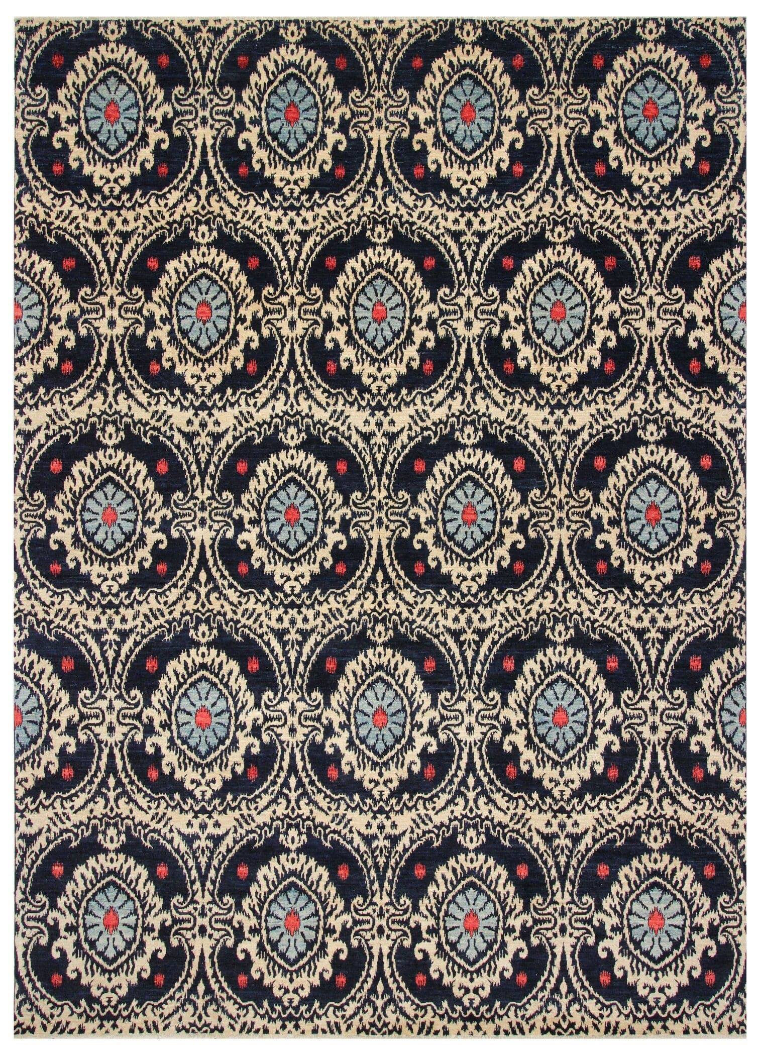 9x12 Navy Blue Ikat Afghan Hand Knotted wool Area Rug - Yildiz Rugs