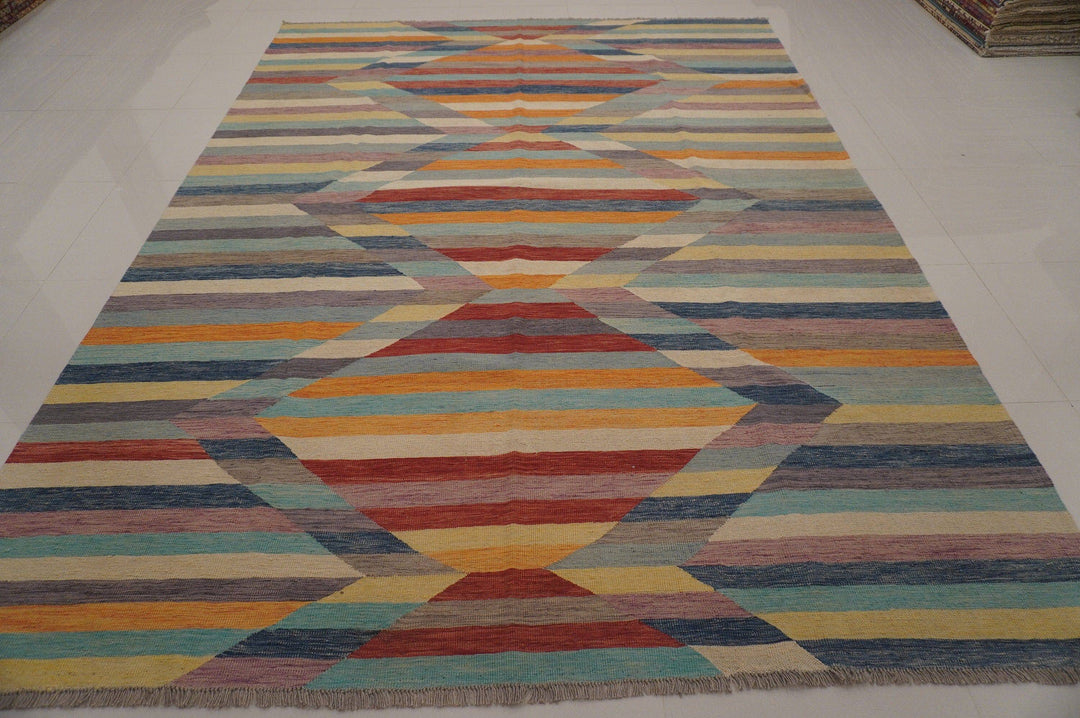 9x12 Pastel Modern colors Abstract Handmade Afghan Kilim Area Rug - Yildiz Rugs