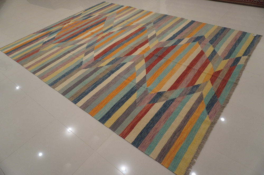 9x12 Pastel Modern colors Abstract Handmade Afghan Kilim Area Rug - Yildiz Rugs