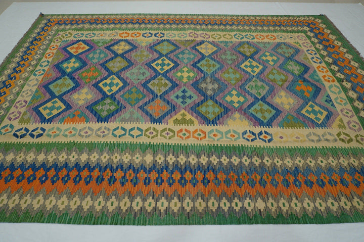 9x12 Pastel Purple Green Afghan Handmade Kilim Area Rug - Yildiz Rugs