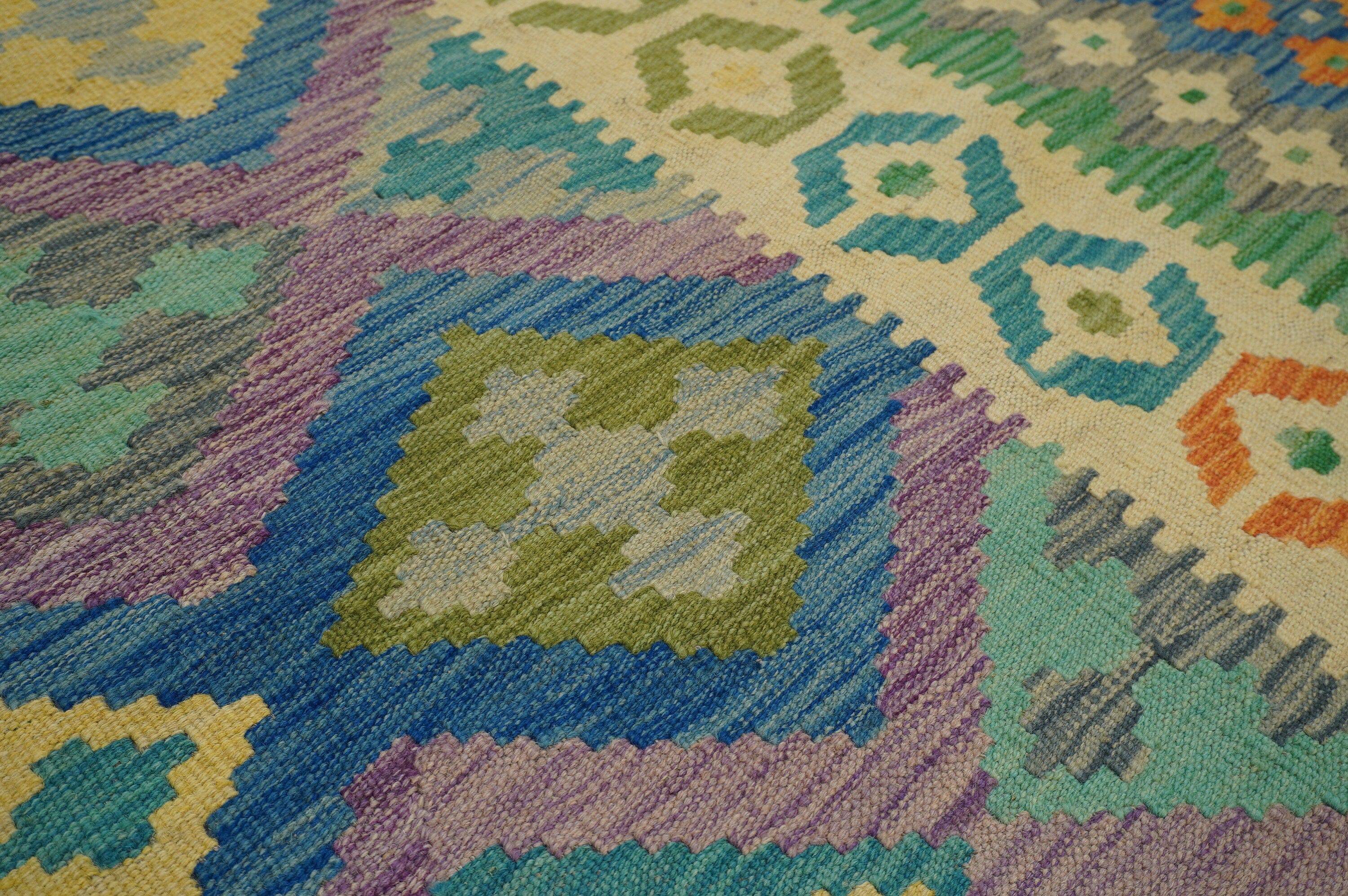 9x12 Pastel Purple Green Afghan Handmade Kilim Area Rug - Yildiz Rugs