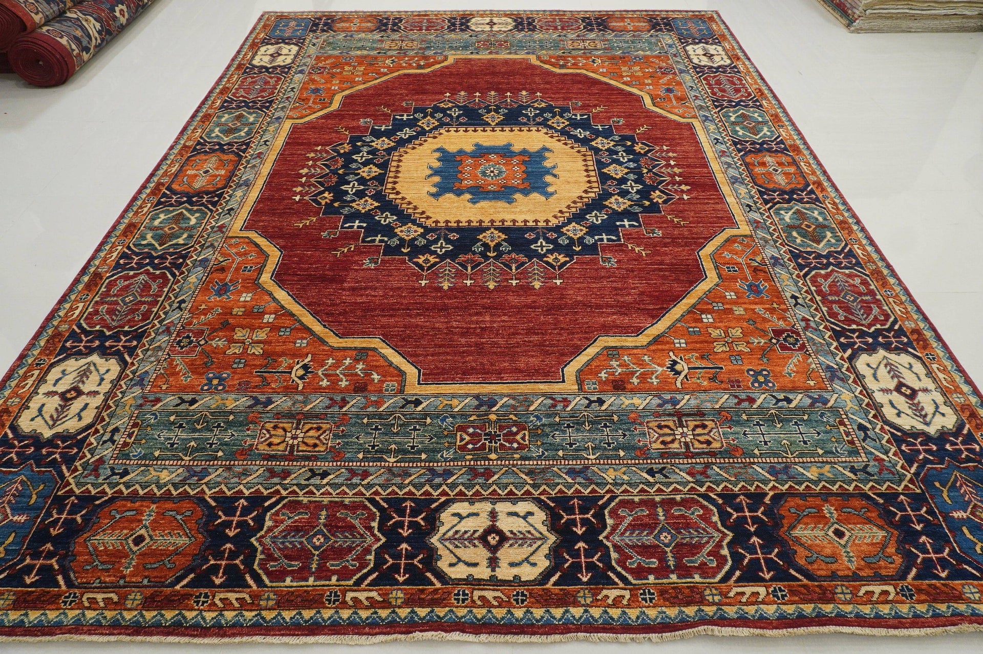 9x12 Red Heriz Medallion Afghan Hand Knotted Wool Geometric Area Rug - Yildiz Rugs