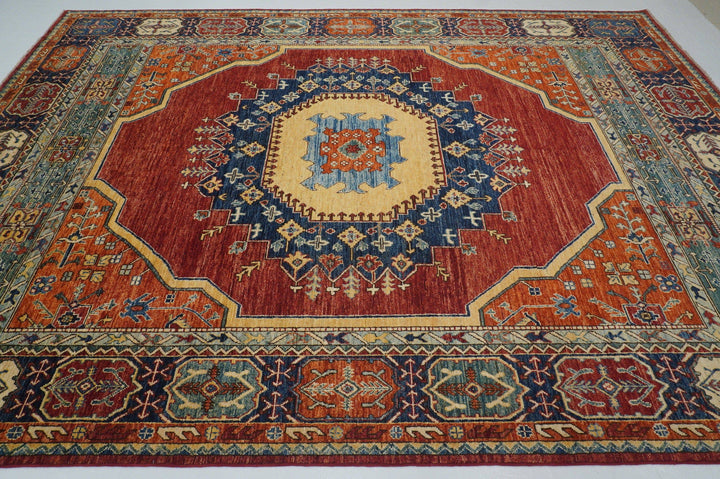 9x12 Red Heriz Medallion Afghan Hand Knotted Wool Geometric Rug - Yildiz Rugs