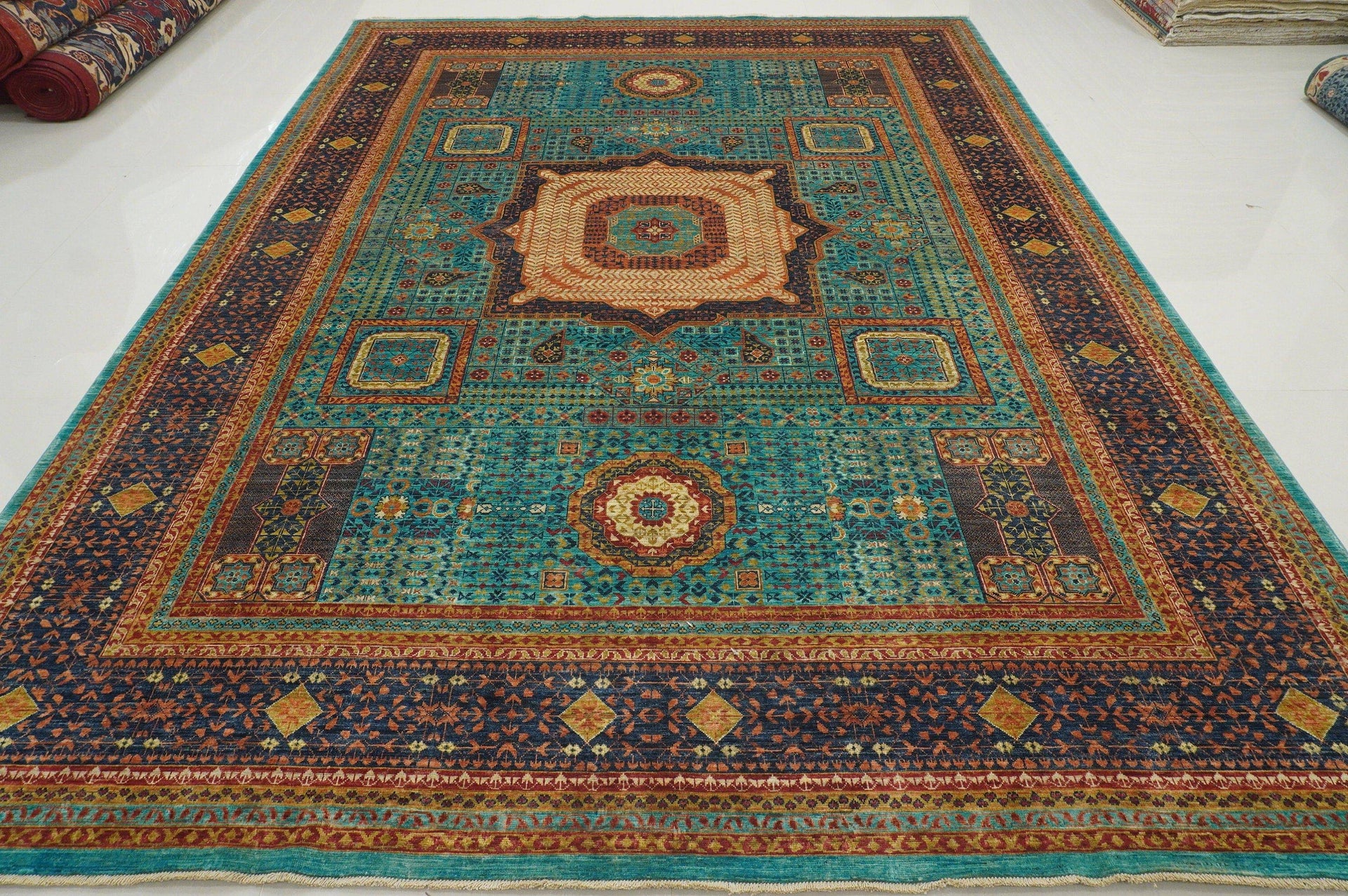 9x12 Turquoise Blue Mamluk Hand Knotted Turkish Medallion Rug - Yildiz Rugs