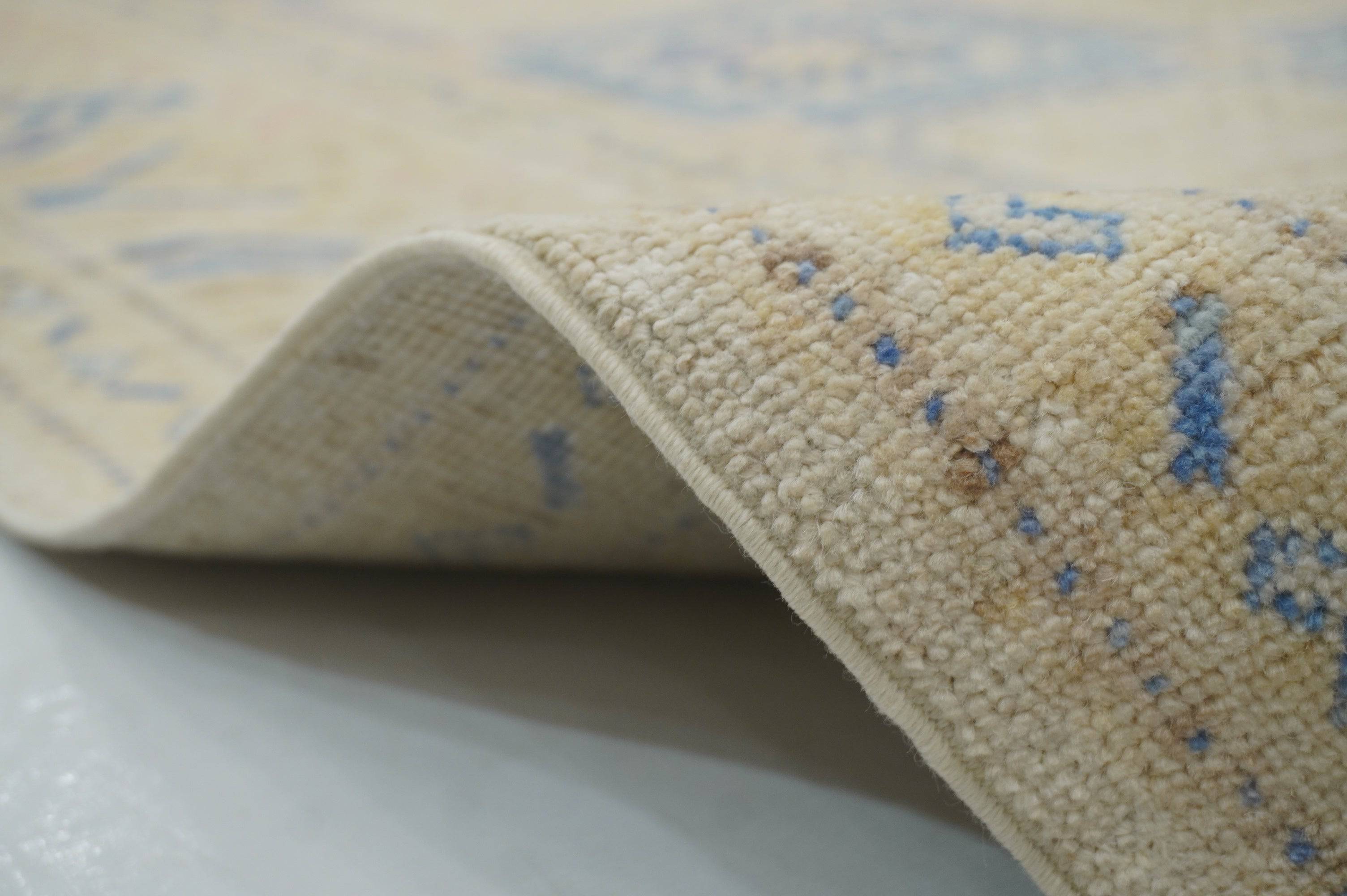 9x12 Vintage Beige Blue Khotan Afghan Hand Knotted Wool Rug - Yildiz Rugs