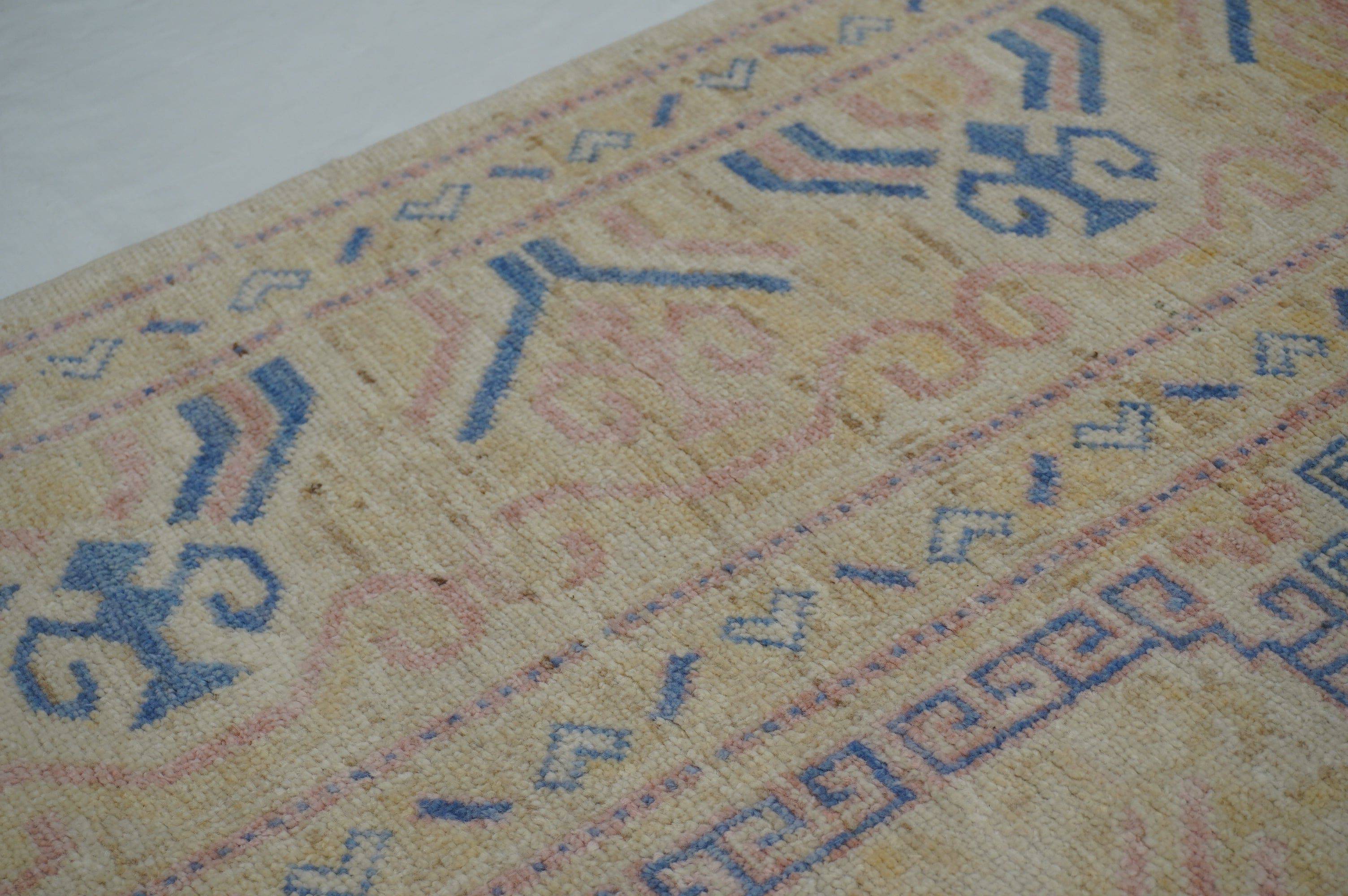 9x12 Vintage Beige Blue Khotan Afghan Hand Knotted Wool Rug - Yildiz Rugs