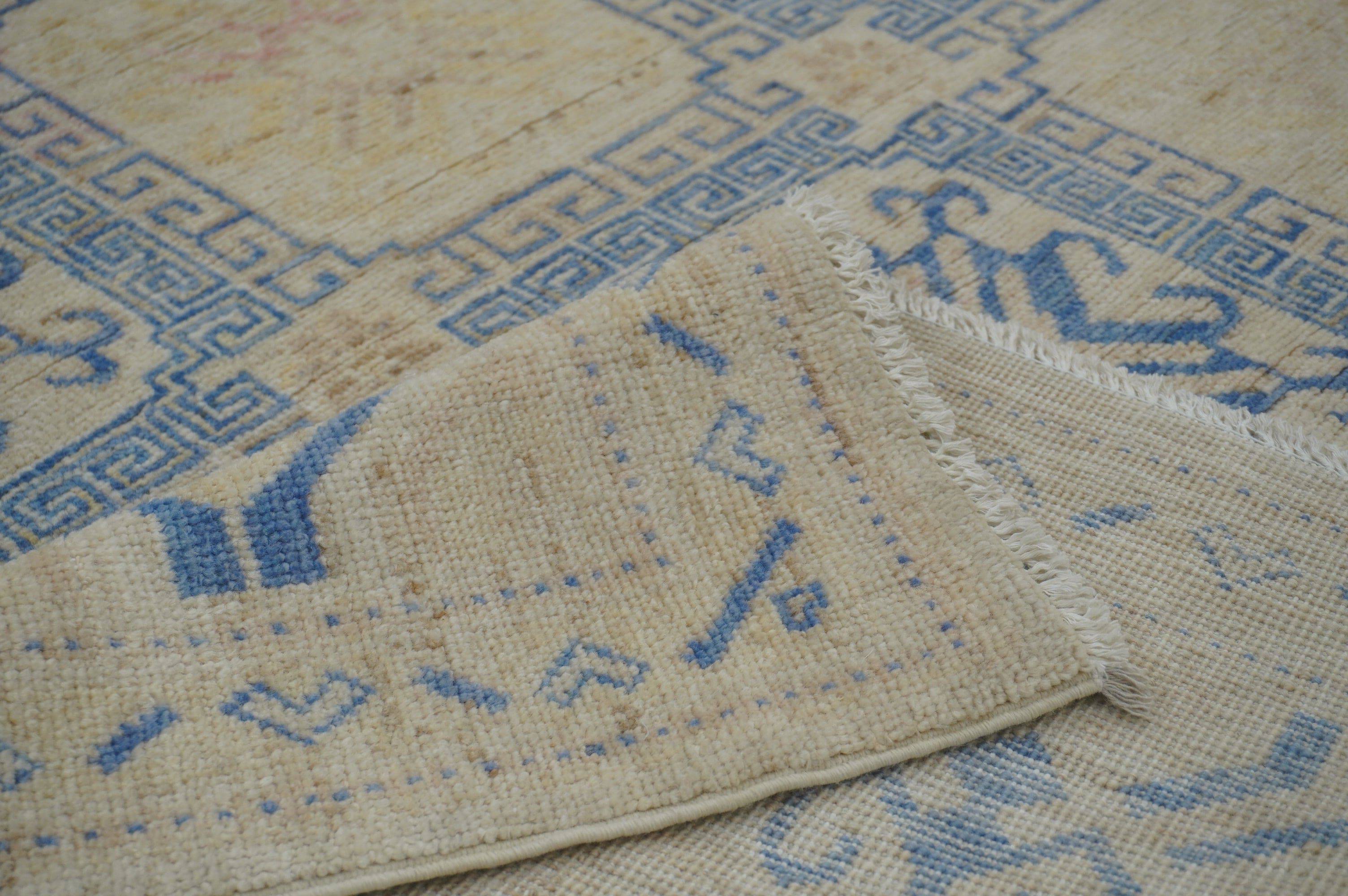 9x12 Vintage Beige Blue Khotan Afghan Hand Knotted Wool Rug - Yildiz Rugs