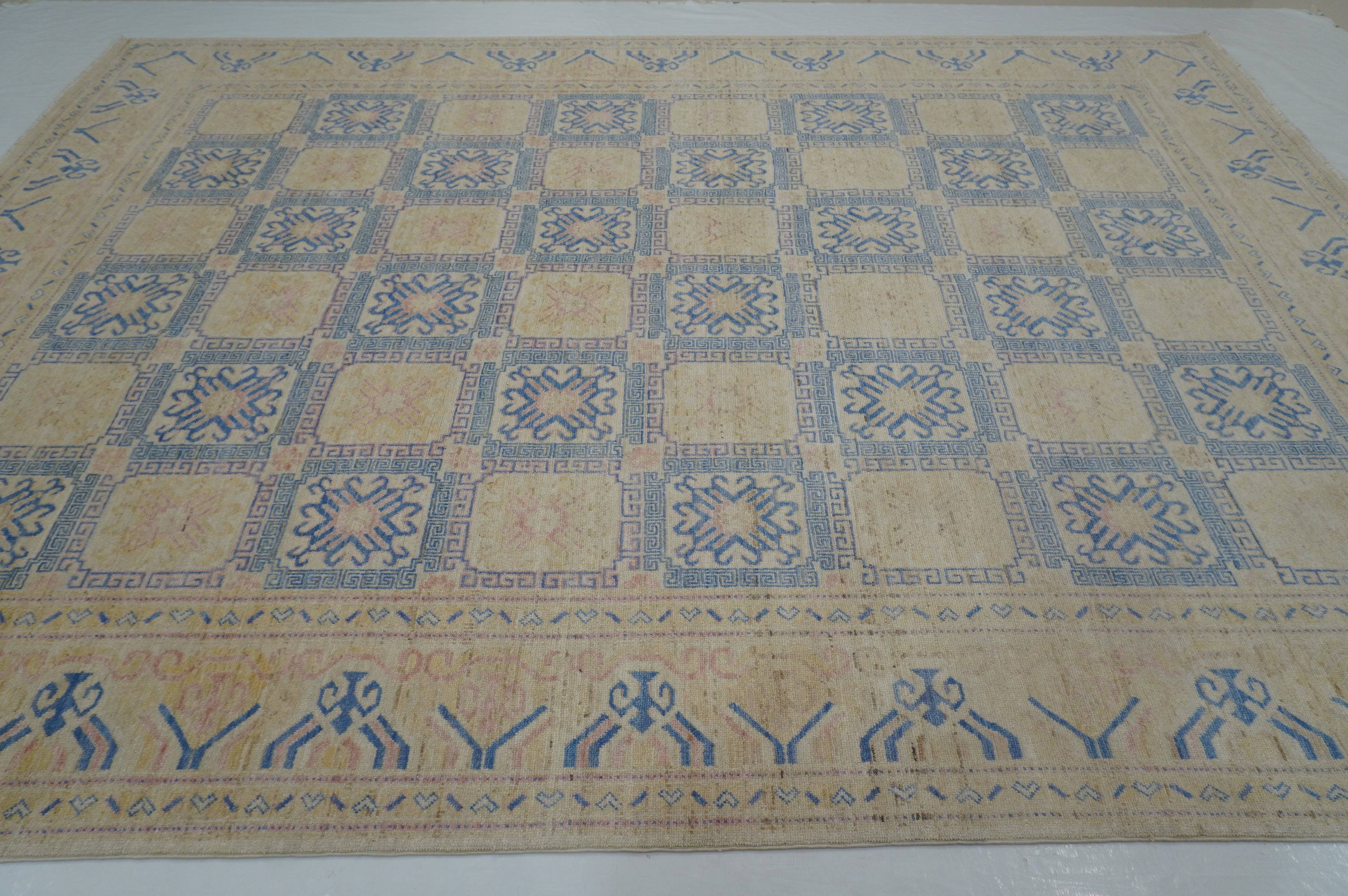 9x12 Vintage Beige Blue Khotan Afghan Hand Knotted Wool Rug - Yildiz Rugs